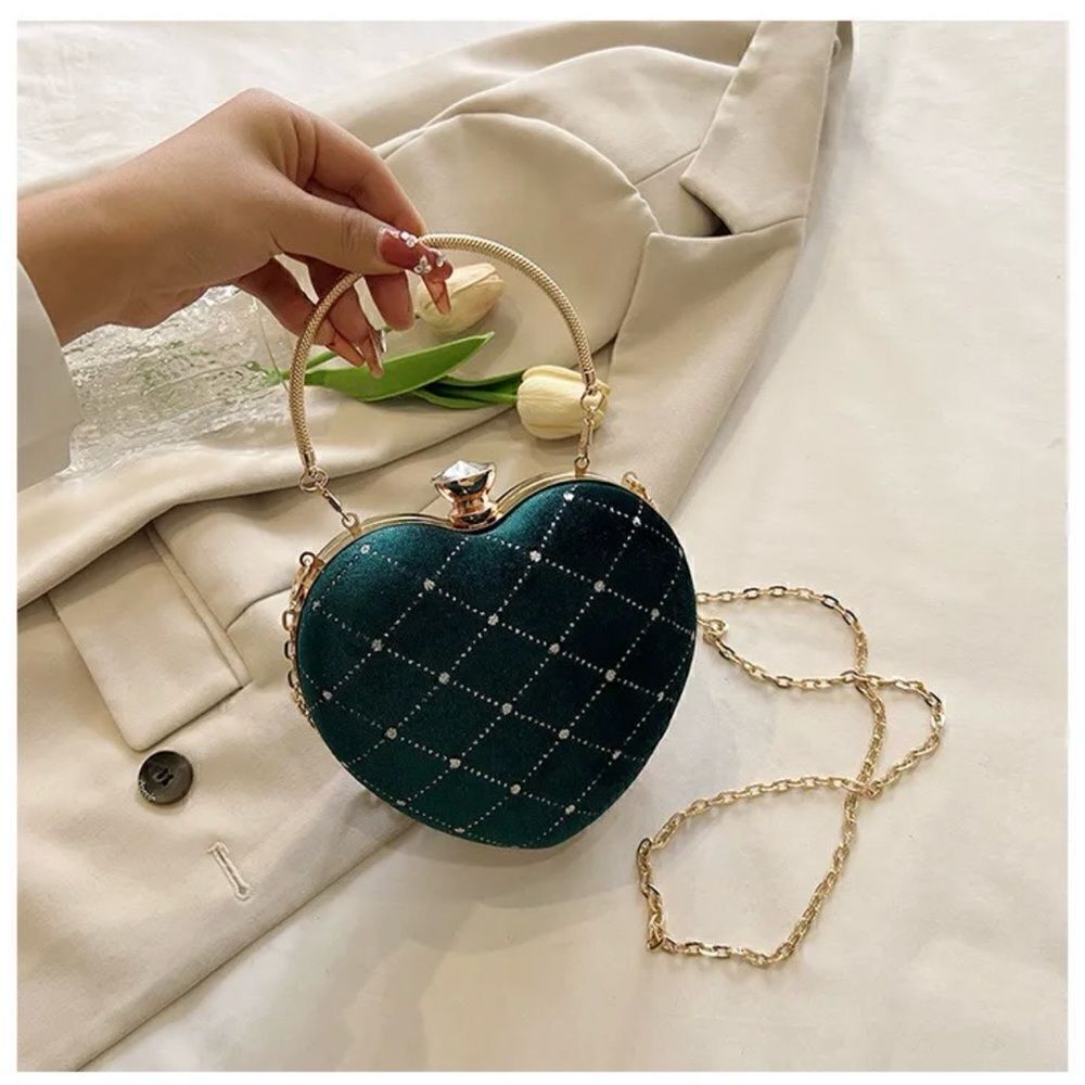 Emerald velvet heart shaped crossbody purse handbag